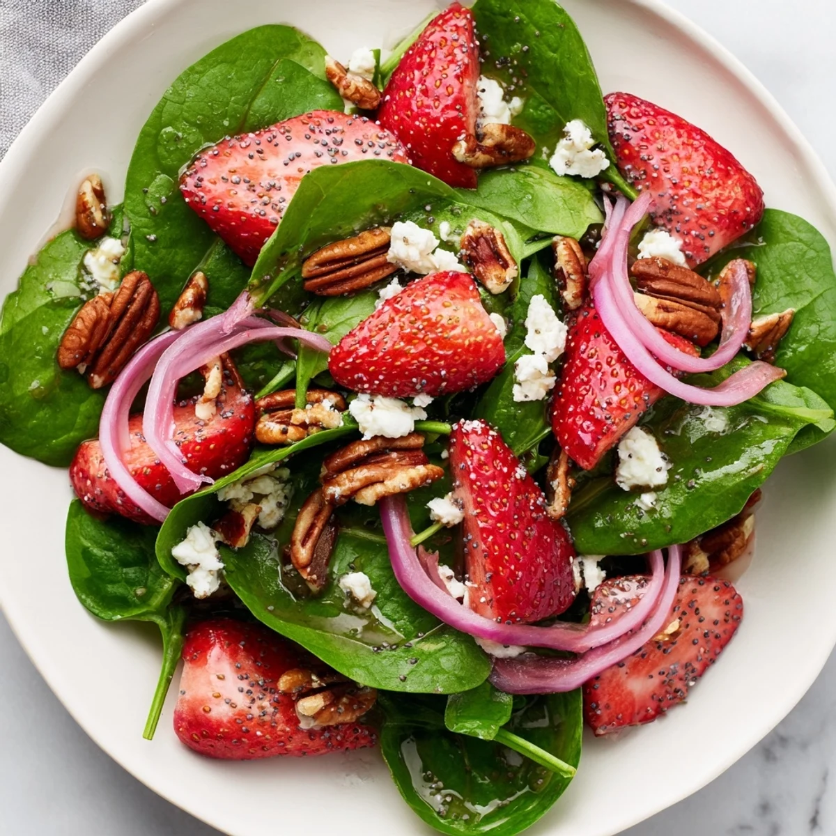 A close-up of a delectable Spinach Strawberry Salad with feta cheese, ready to enjoy immediately.
