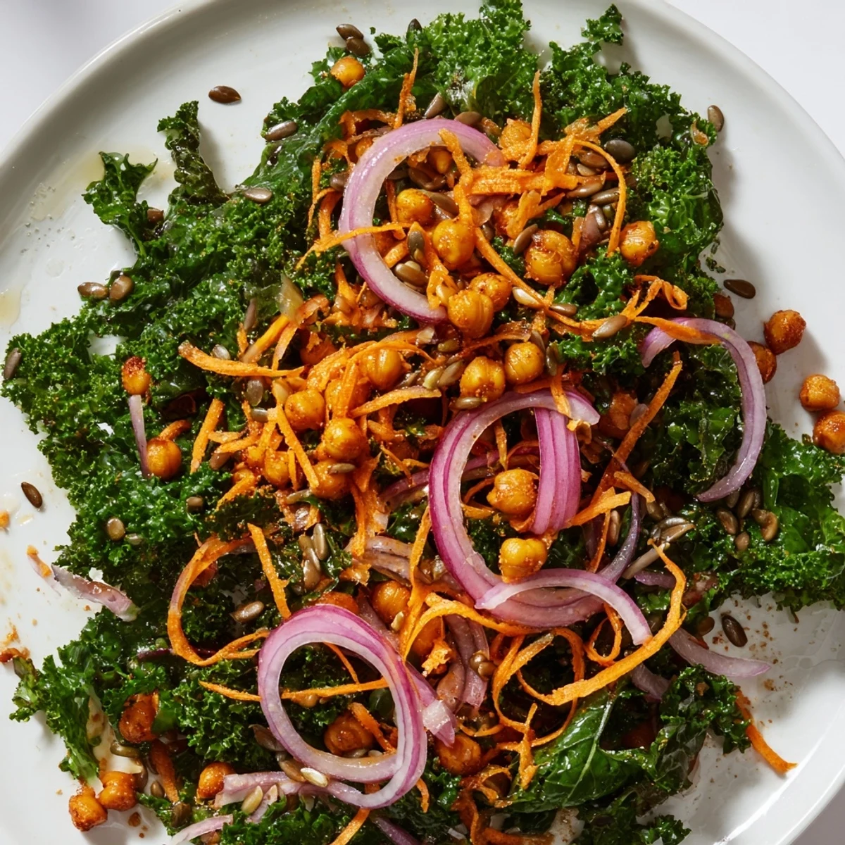 Crispy roasted chickpeas and colorful vegetables garnish this healthy Kale Salad.