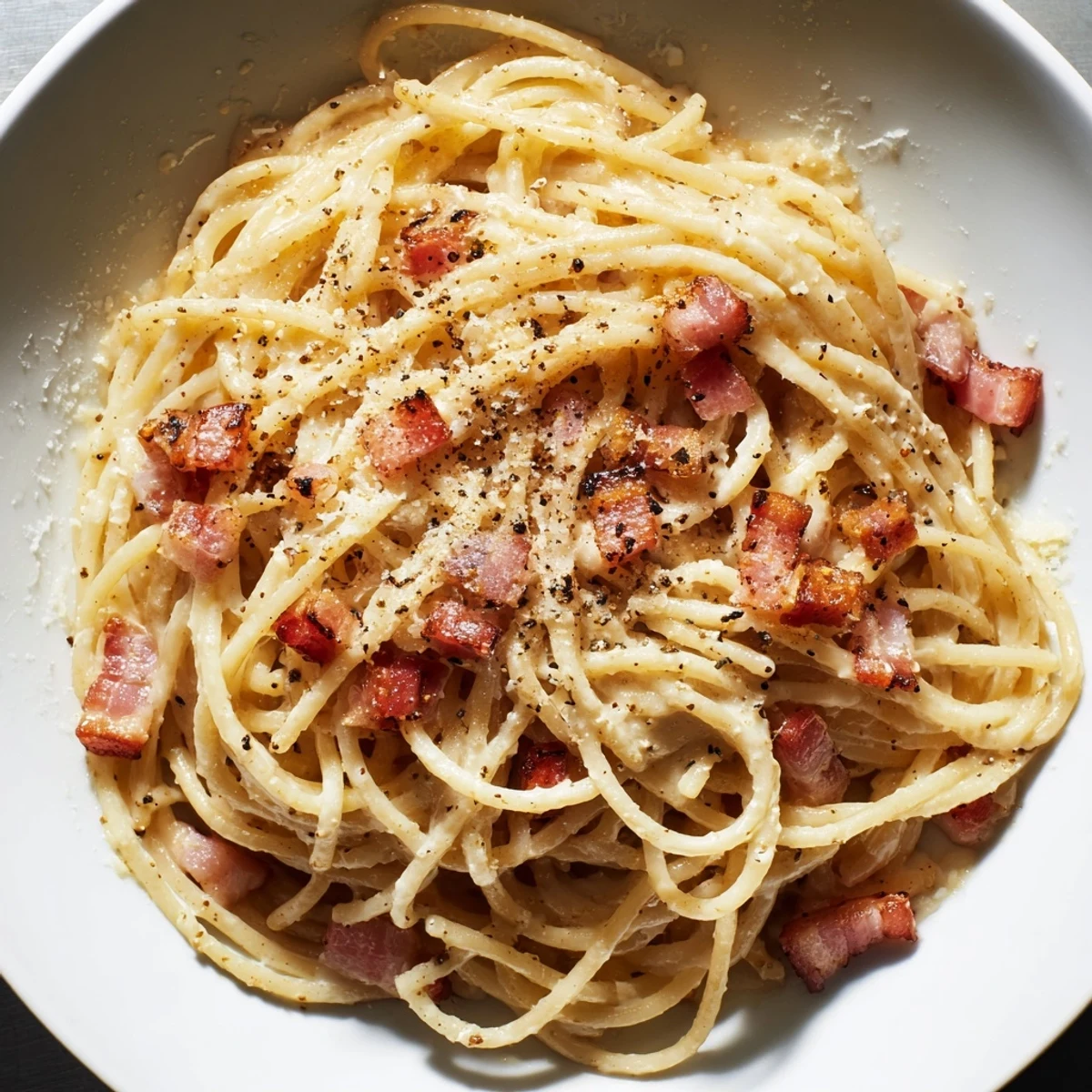 Steaming bowl of express Spaghetti Carbonara, boasting creamy sauce and crispy bacon crumbles.