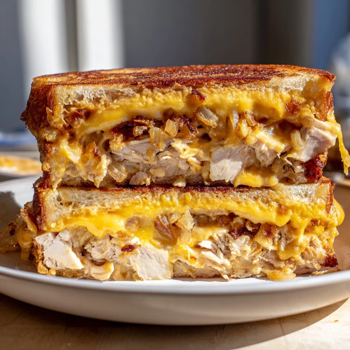 Golden-brown Crispy Shallot Chicken Grilled Cheese with melted cheese oozing out, a perfect comfort food.