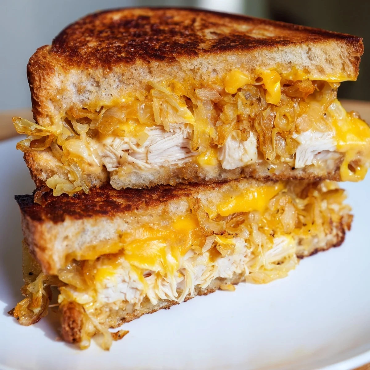 Hot, cheesy, and satisfying: a freshly grilled Crispy Shallot Chicken Grilled Cheese ready to be eaten.