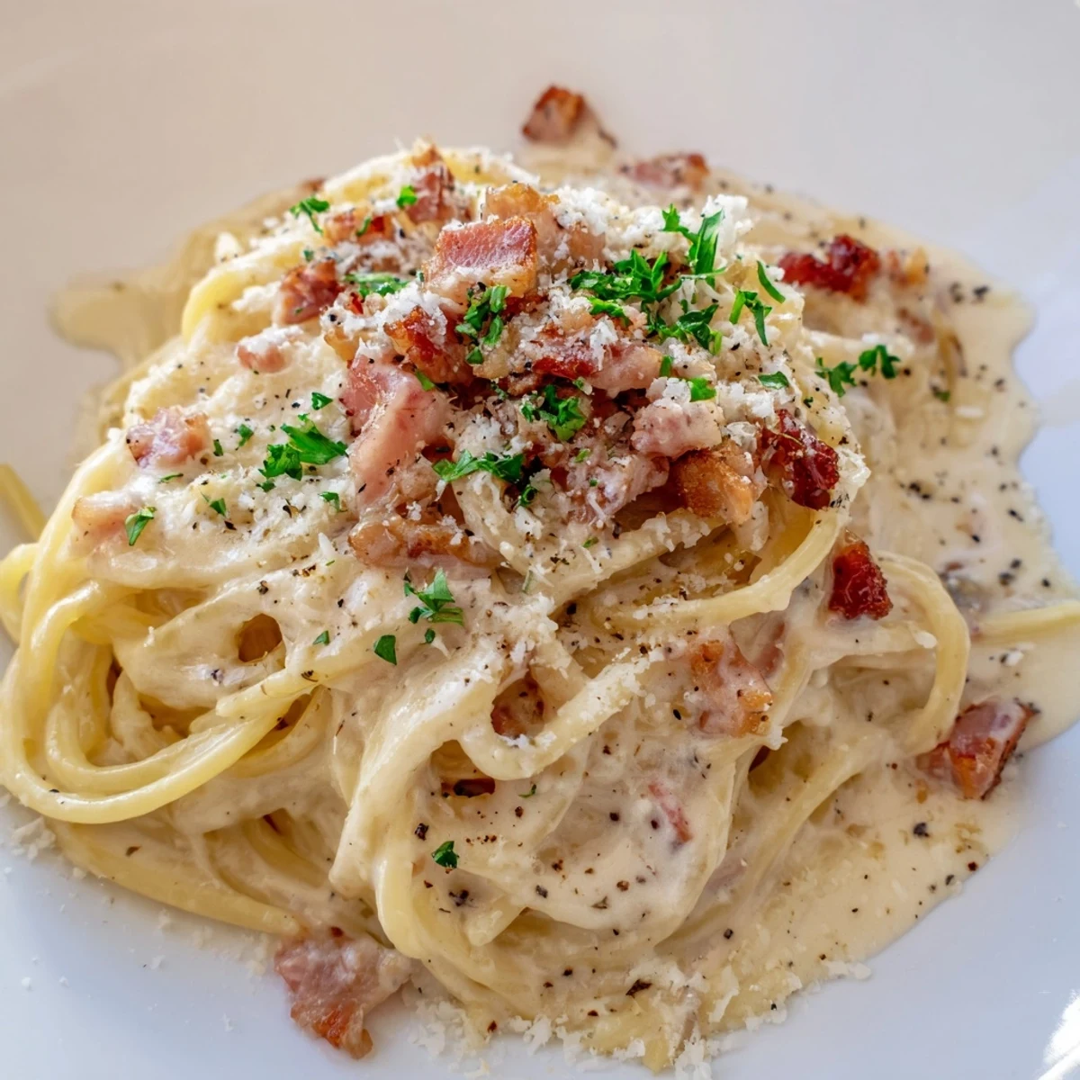 Imagine the creamy sauce coating each strand of the Creamy Garlic Bacon Pasta as it's served.