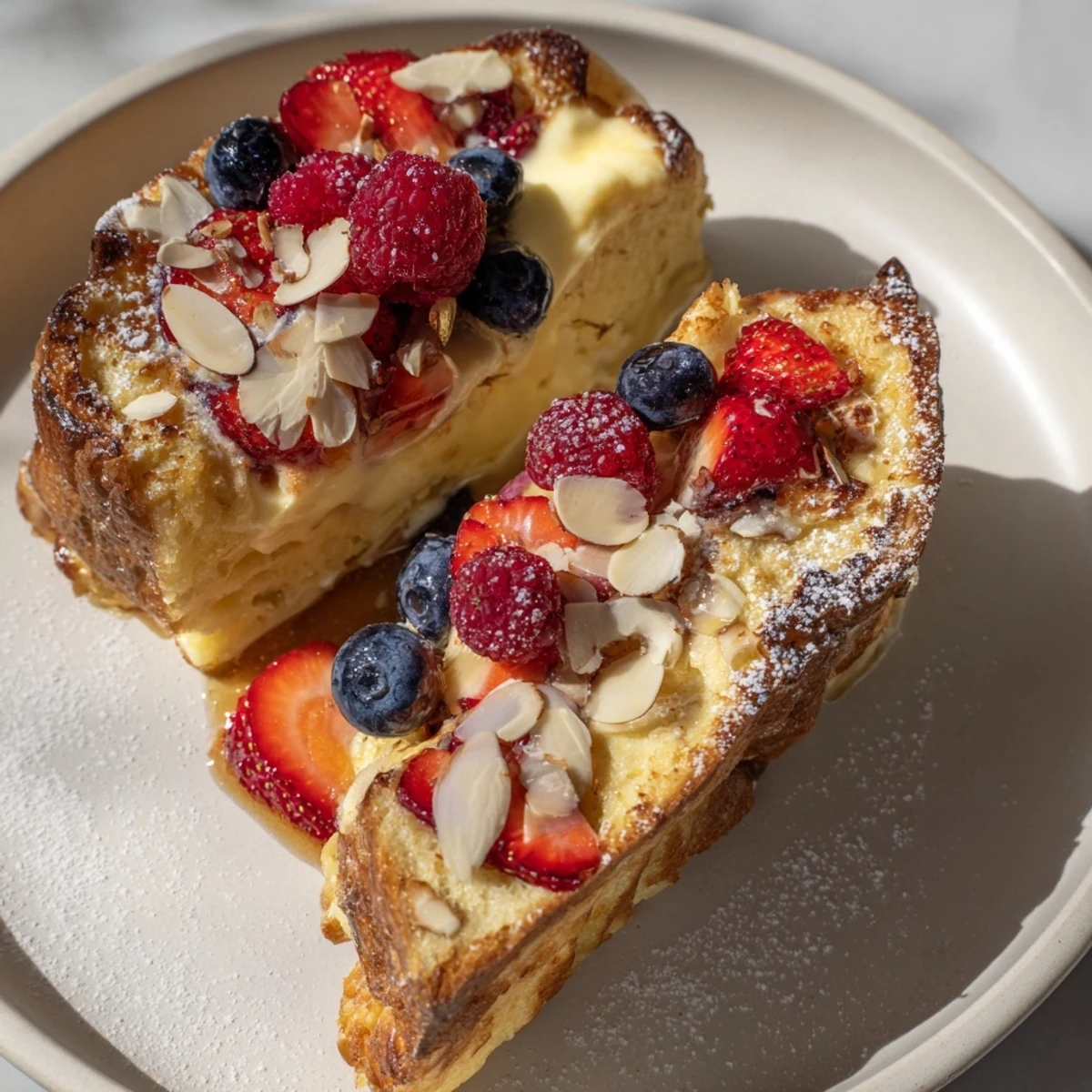 Golden-brown Custard Toast, baked to perfection, served with fresh berries and a honey drizzle.