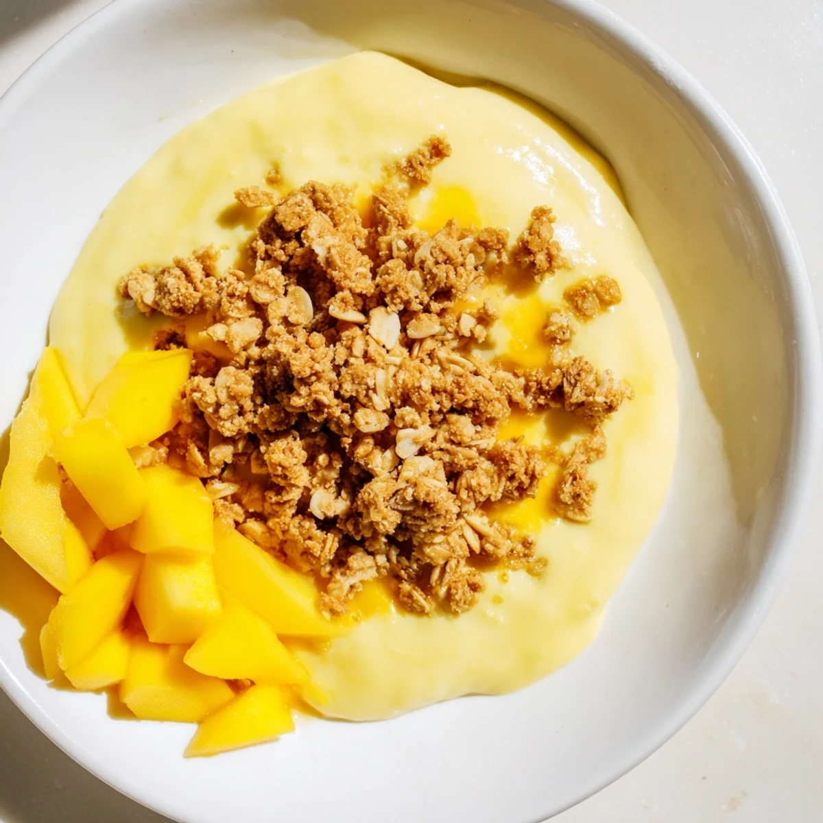 Smooth Mango Blended Overnight Oats, topped with crunchy granola, ready to be enjoyed as a refreshing breakfast.