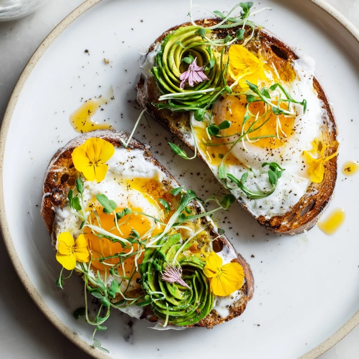 Fluffy Cloud Toast 2.0 with golden-baked egg whites topped with creamy avocado roses and honey.