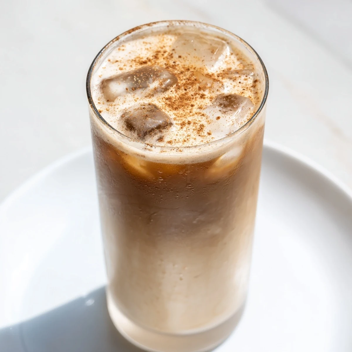 A tall glass of homemade Proffee Power Blend, a quick and delicious protein-packed iced latte.