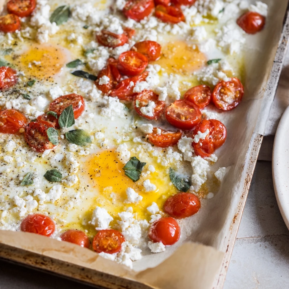 Sheet pan Tomato Feta Baked Eggs: a colorful brunch with soft baked eggs, herbs, and cheese.