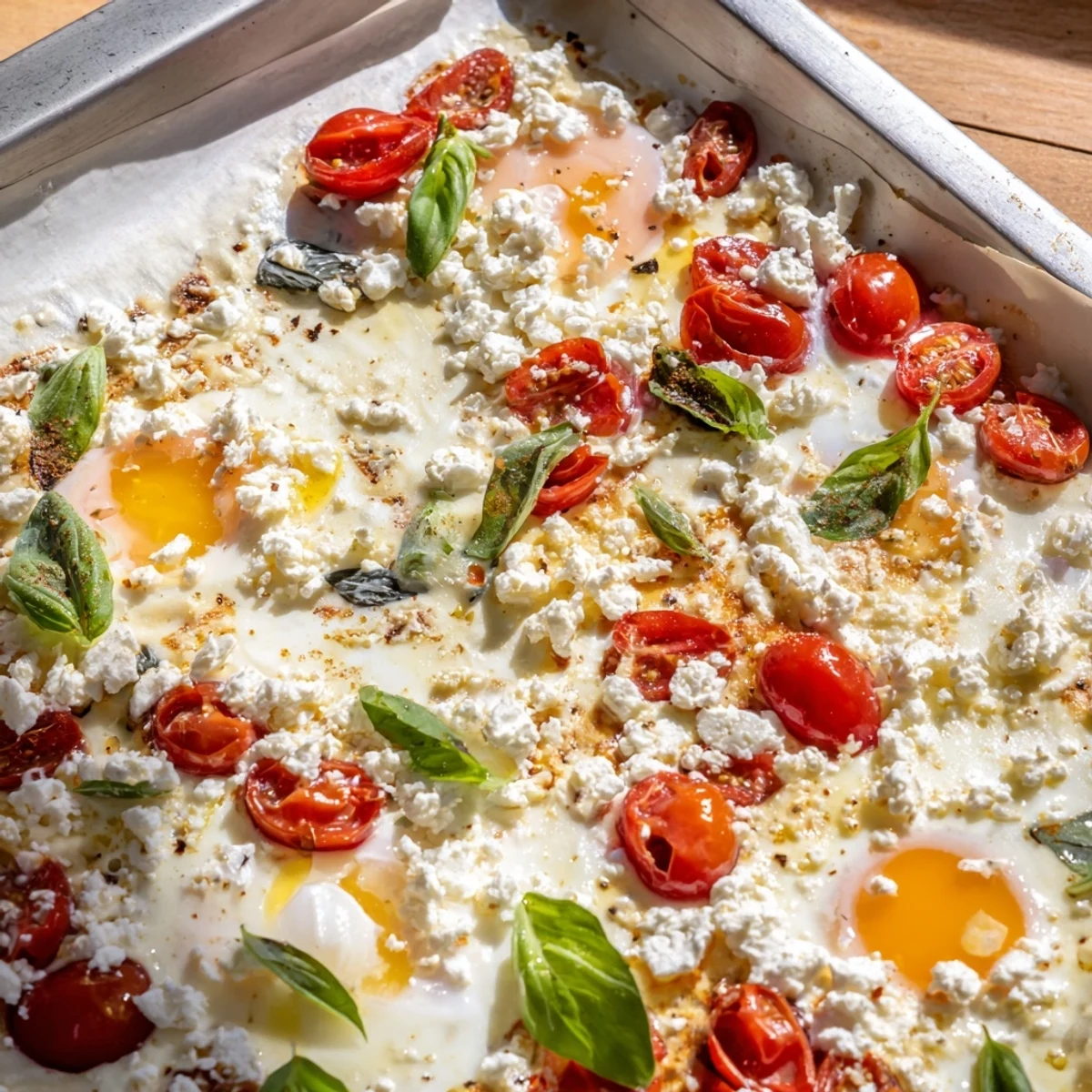 Golden, baked Tomato Feta Eggs with juicy tomatoes, perfect for a flavorful Mediterranean breakfast.