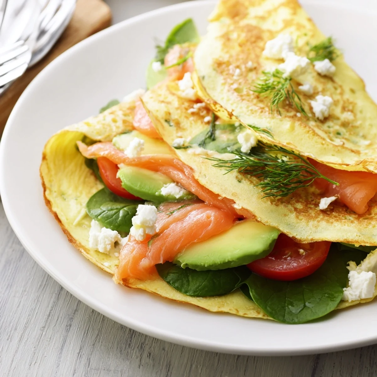 Golden-brown Blender Egg Crepe Wrap, thin and delicate, holds savory fillings like spinach and salmon.