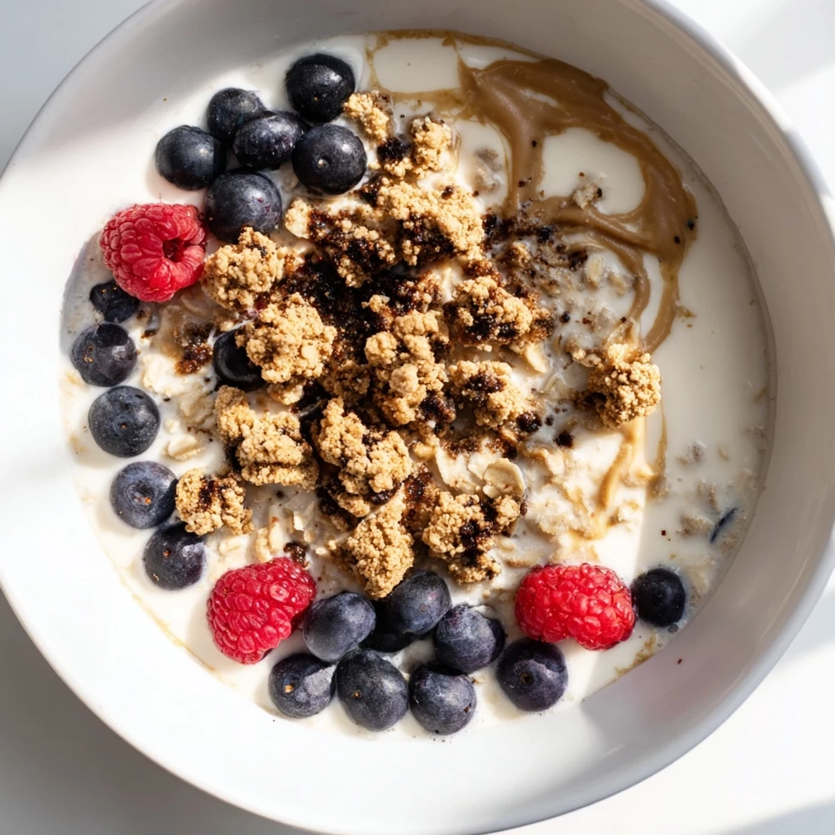 Creamy overnight oats gourmet makeover with espresso, berries, and nut butter, a perfect breakfast.