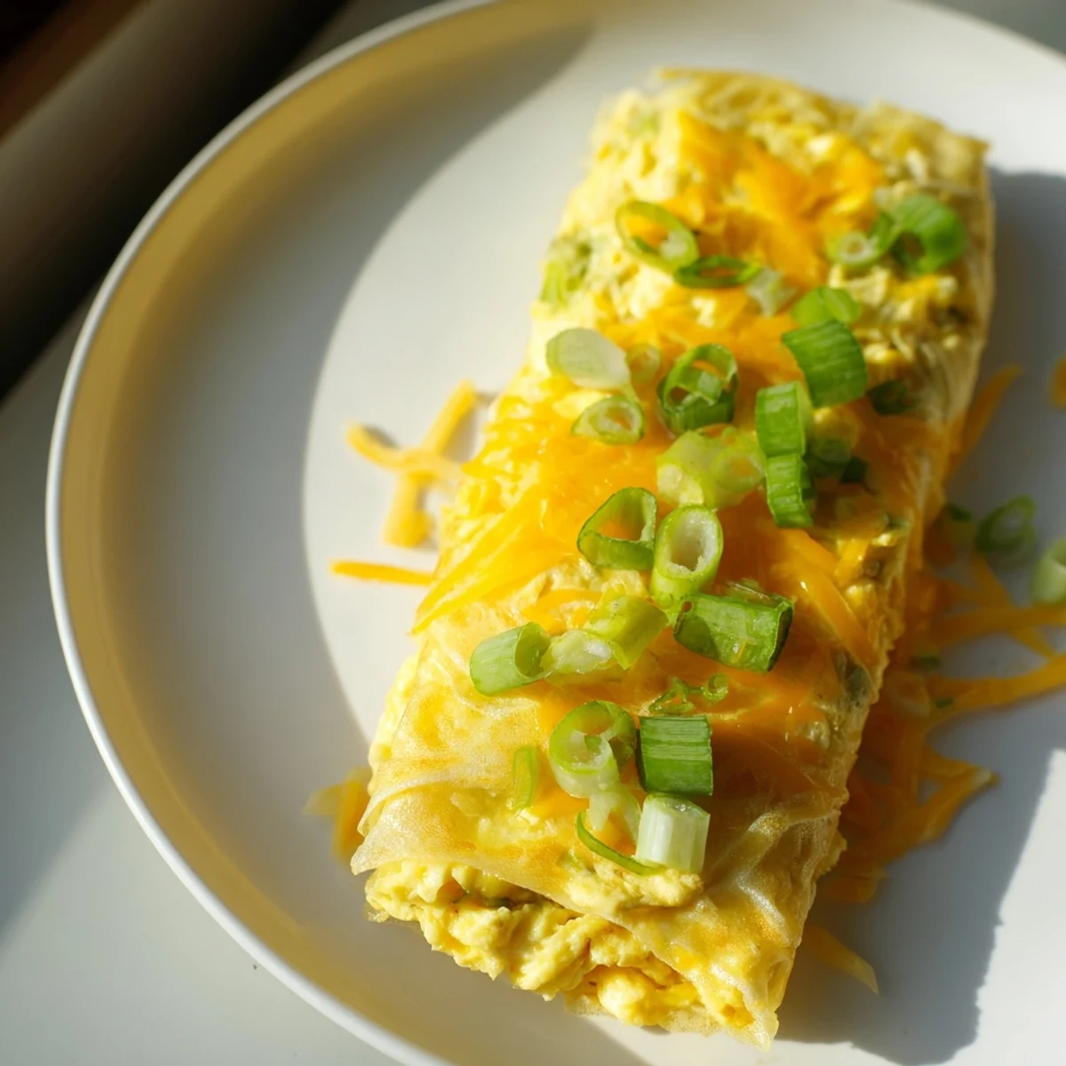 Freshly cooked Rice Paper Egg & Cheese Fold: a tempting, flavorful breakfast with melted cheese and scallions.