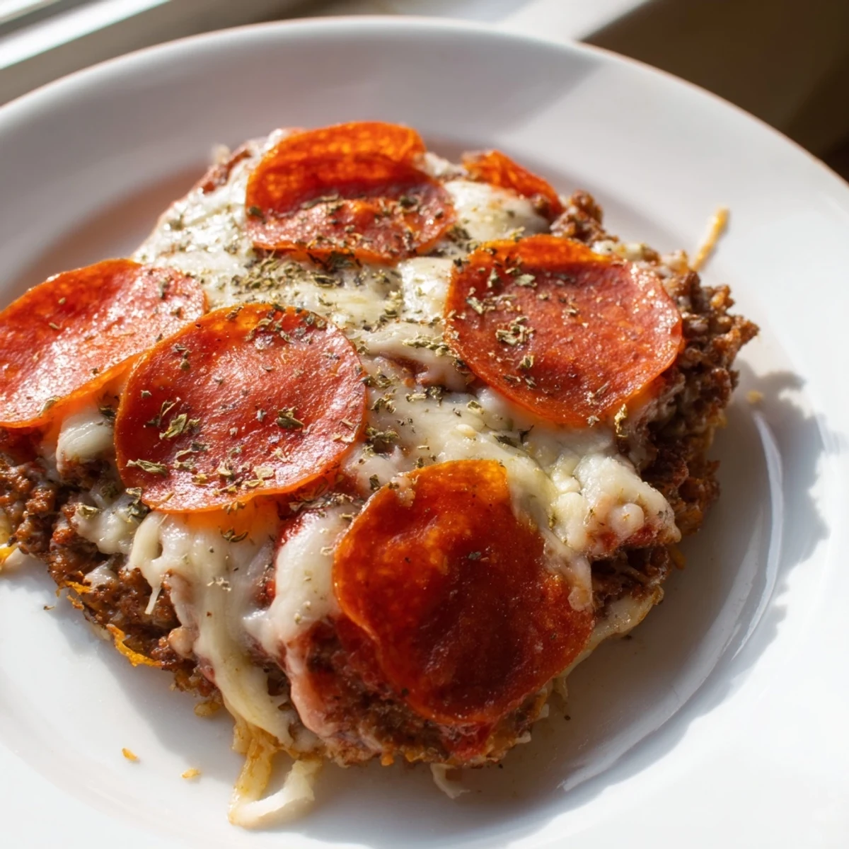 Visuals: The recipe name is "Meat Pizza Pepperoni Stack", a low-carb, crustless pizza dish.