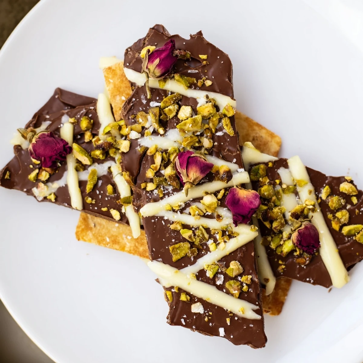 Close-up of Pistachio Dubai Chocolate Bark: layers of dark chocolate, phyllo, and nuts.