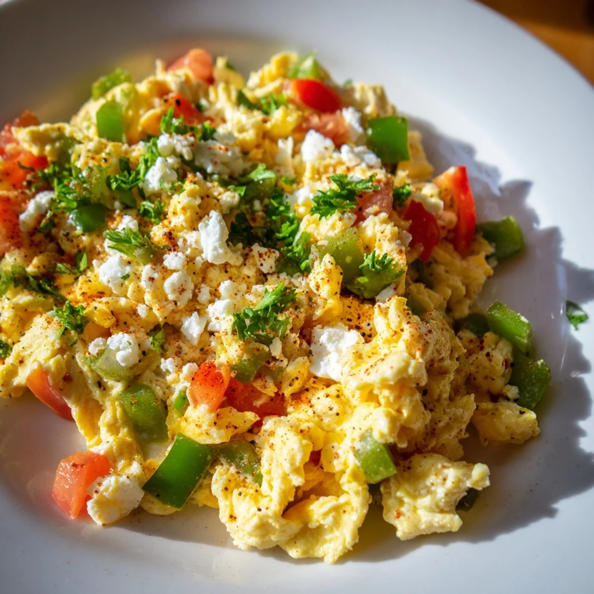 Vibrant Turkish Menemen, a savory scramble with tomatoes and peppers, ready to be scooped with crusty bread.