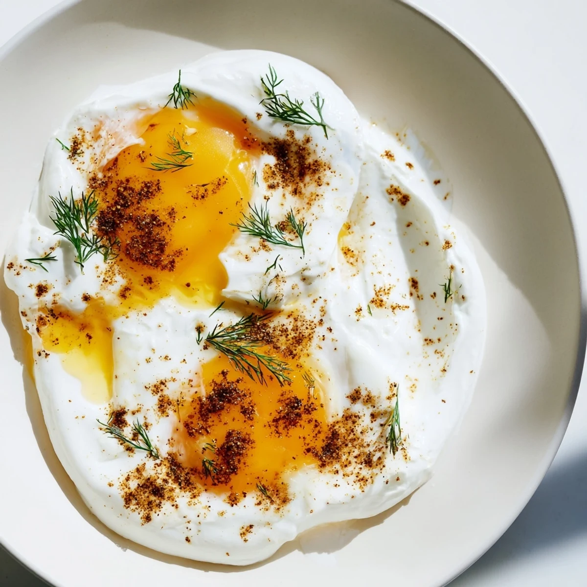 Cilbir with perfectly poached eggs and golden spiced butter drizzled over creamy yogurt.