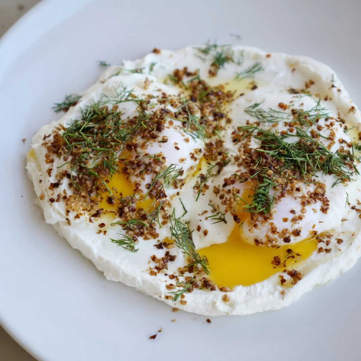 A close-up of delicious Cilbir, featuring runny egg yolks and savory spiced brown butter.