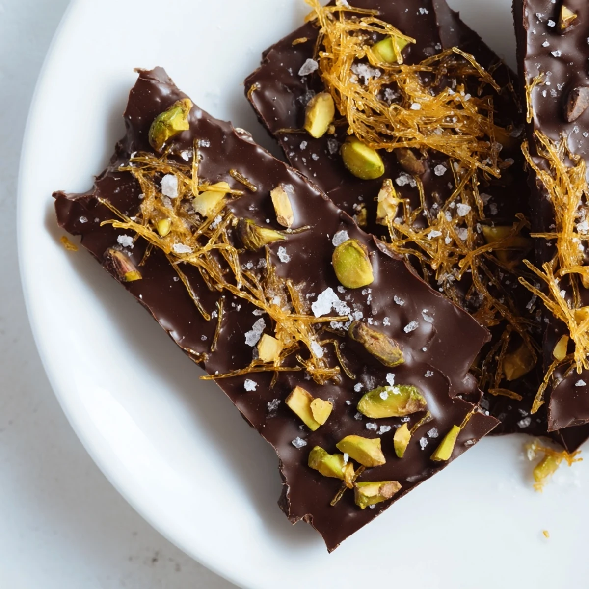Rich, dark chocolate kataifi crunch bark, topped with pistachios, ready to be broken and savored.