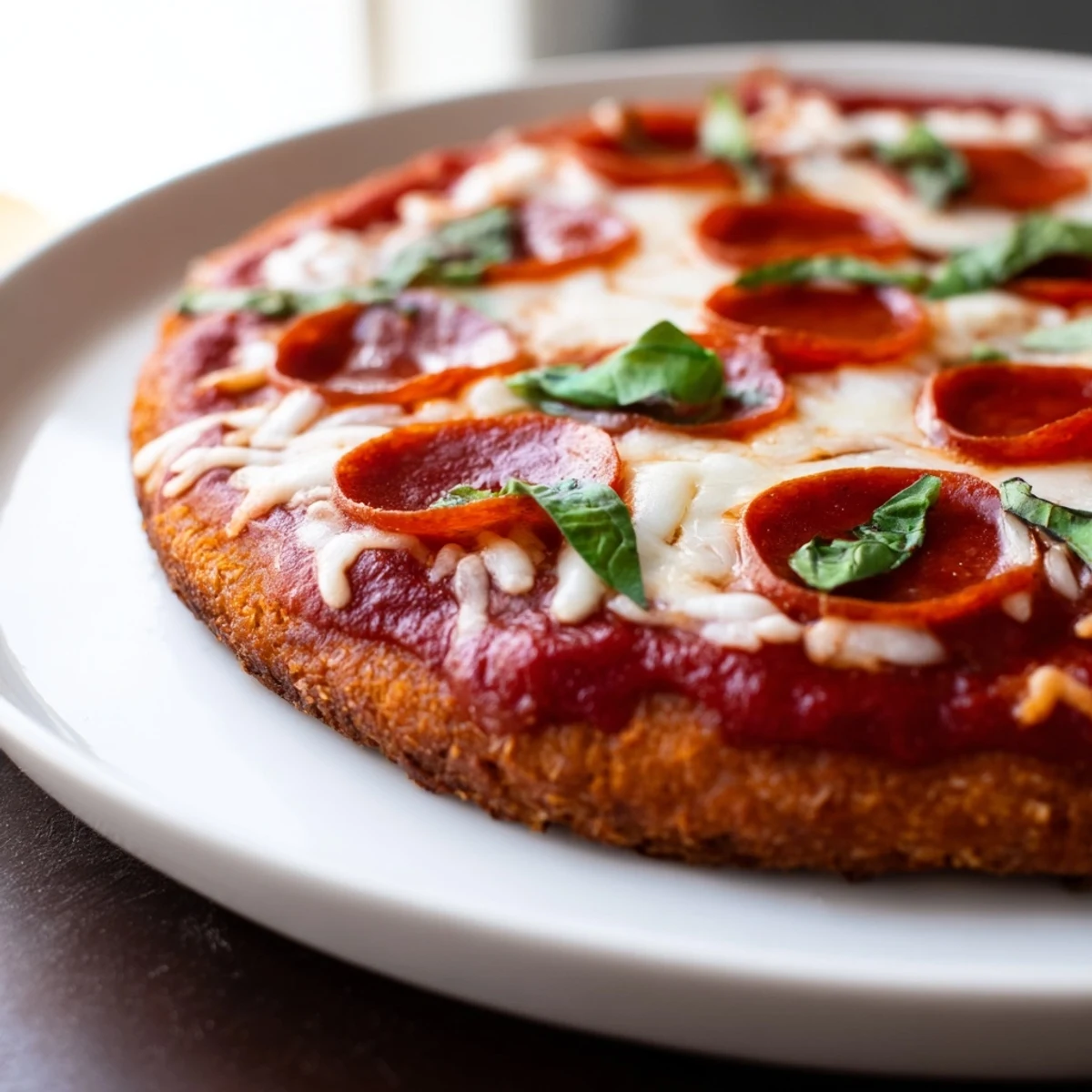 Savory baked Ground Beef Pizza Base, topped with melted mozzarella and sizzling pepperoni slices.