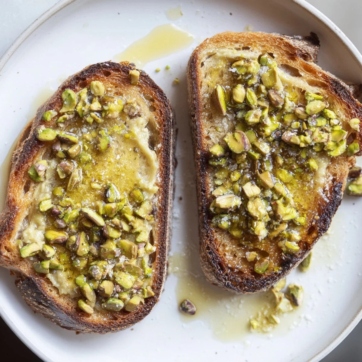 Golden, toasted bread piled high with creamy pistachio butter and crunchy pistachios.