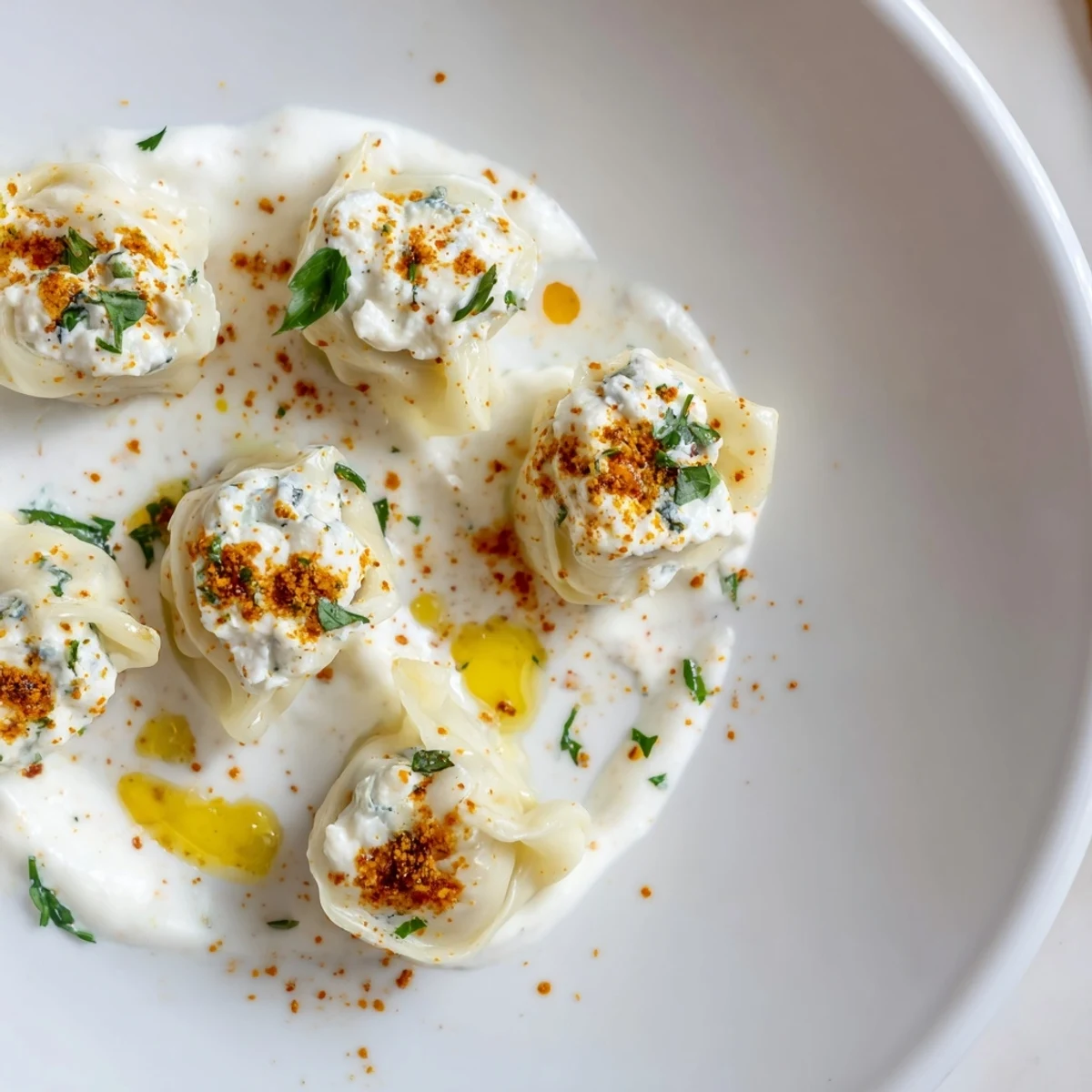 Steaming Turkish cheesy manti dumplings, topped with vibrant spiced butter and cooling, creamy yogurt sauce.