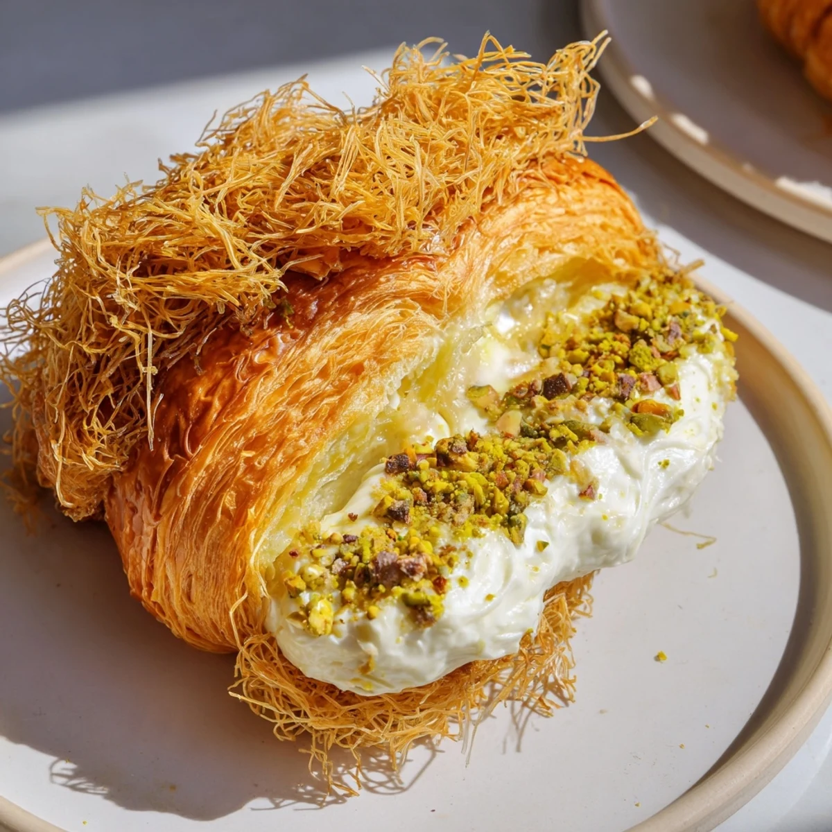 Golden, crispy Pistachio Cream Croissants, bursting with sweet pistachio filling; a delightful treat.
