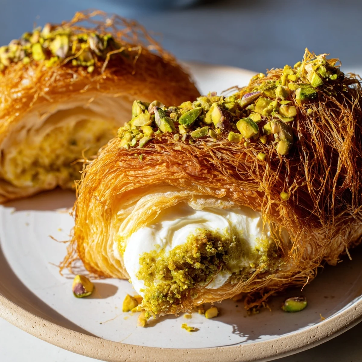 Buttery layers of Pistachio Cream Croissants with a golden phyllo topping, ready to serve with coffee.