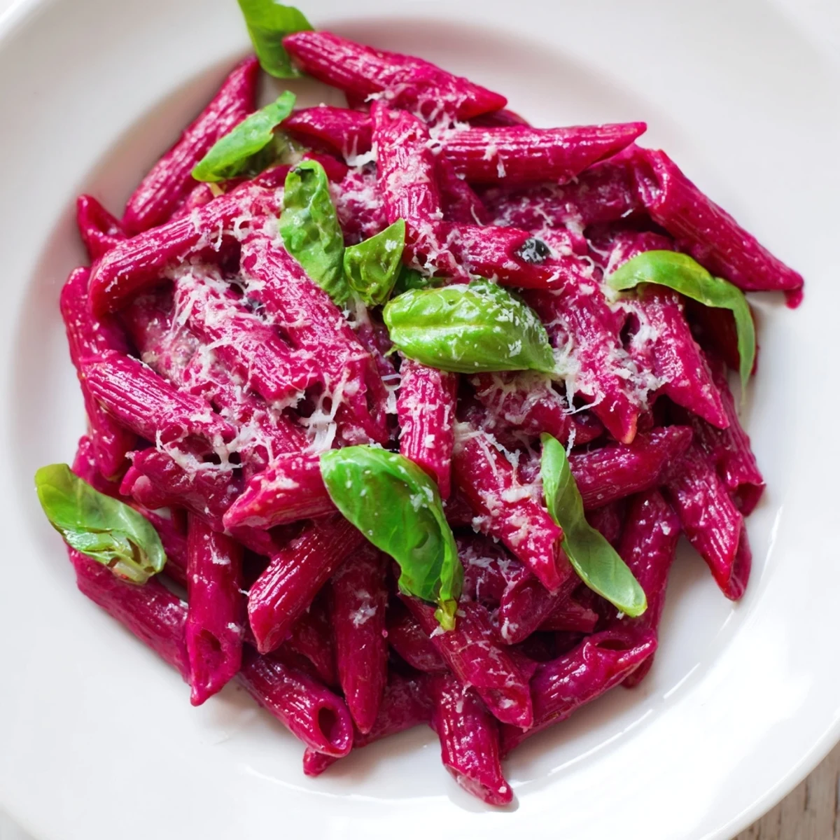 Brightly colored Pink Pasta with Beet Cream sauce coats penne in a silky, vibrant magenta hue, garnished with fresh basil and shaved Parmesan.  
