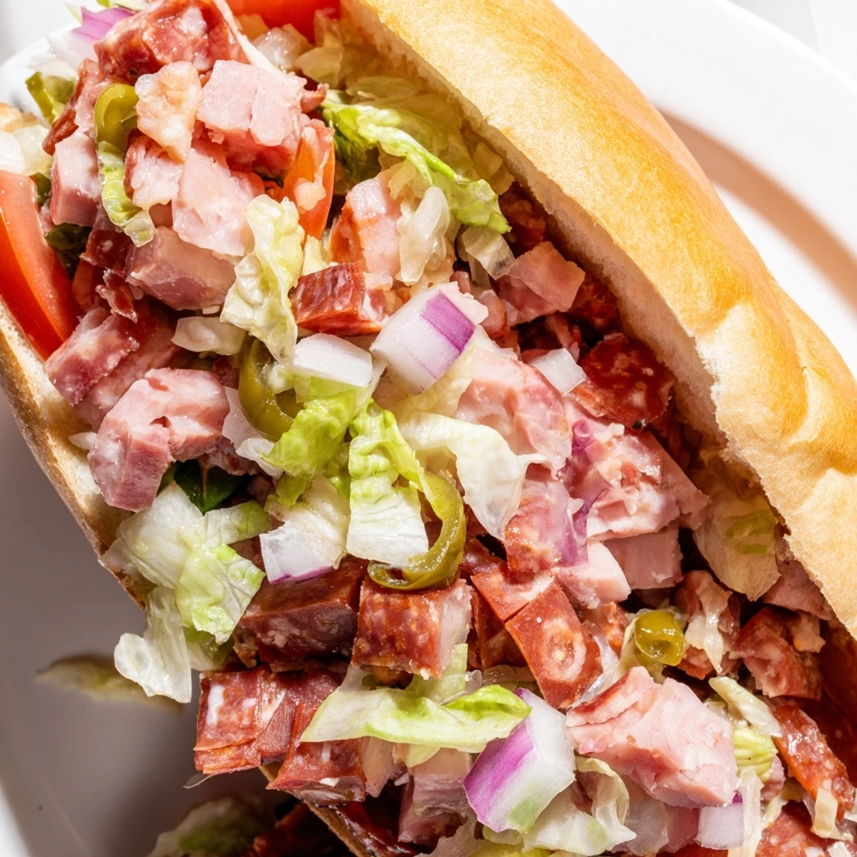 Toasted hoagie rolls stuffed with chopped Italian grinder sandwich ingredients like salami, pepperoni, and crisp lettuce.