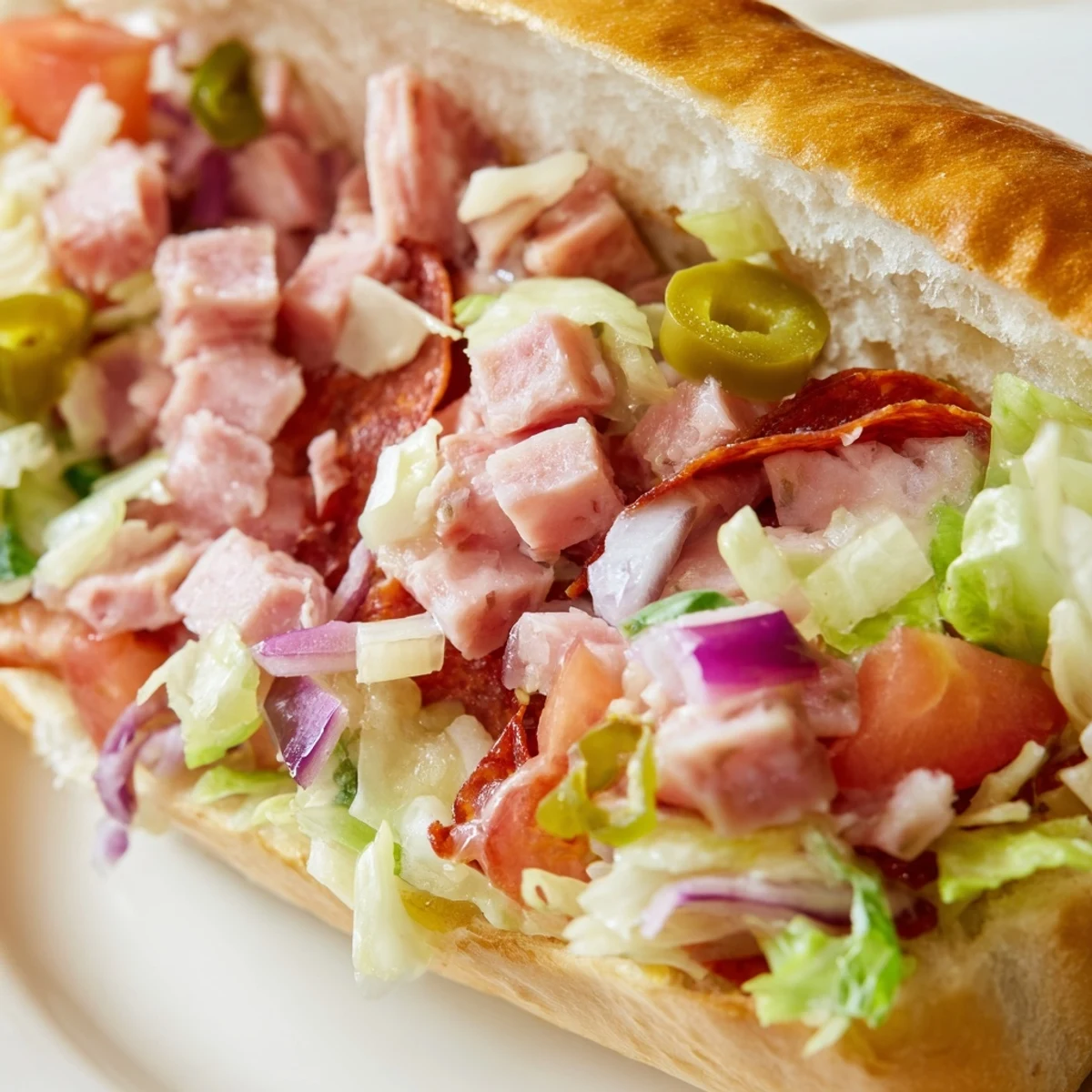 Freshly assembled chopped Italian grinder sandwich, showcasing chopped Italian meats, provolone, and tangy Italian dressing.