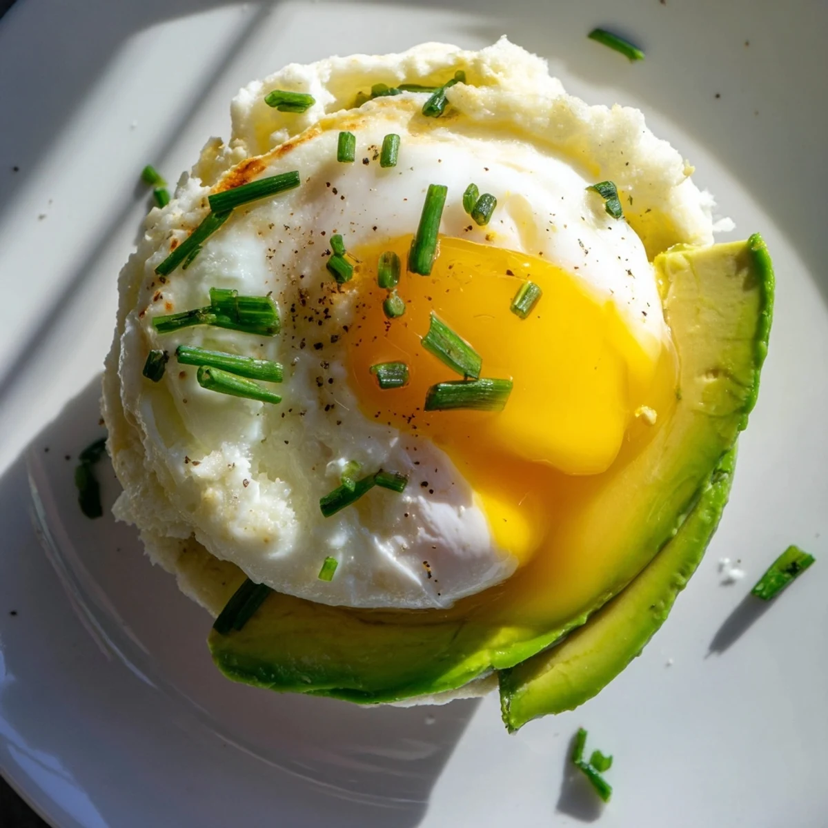 Golden-brown Cloud Bread Breakfast Clouds fresh from the oven, each holding a baked egg yolk and topped with creamy avocado slices.