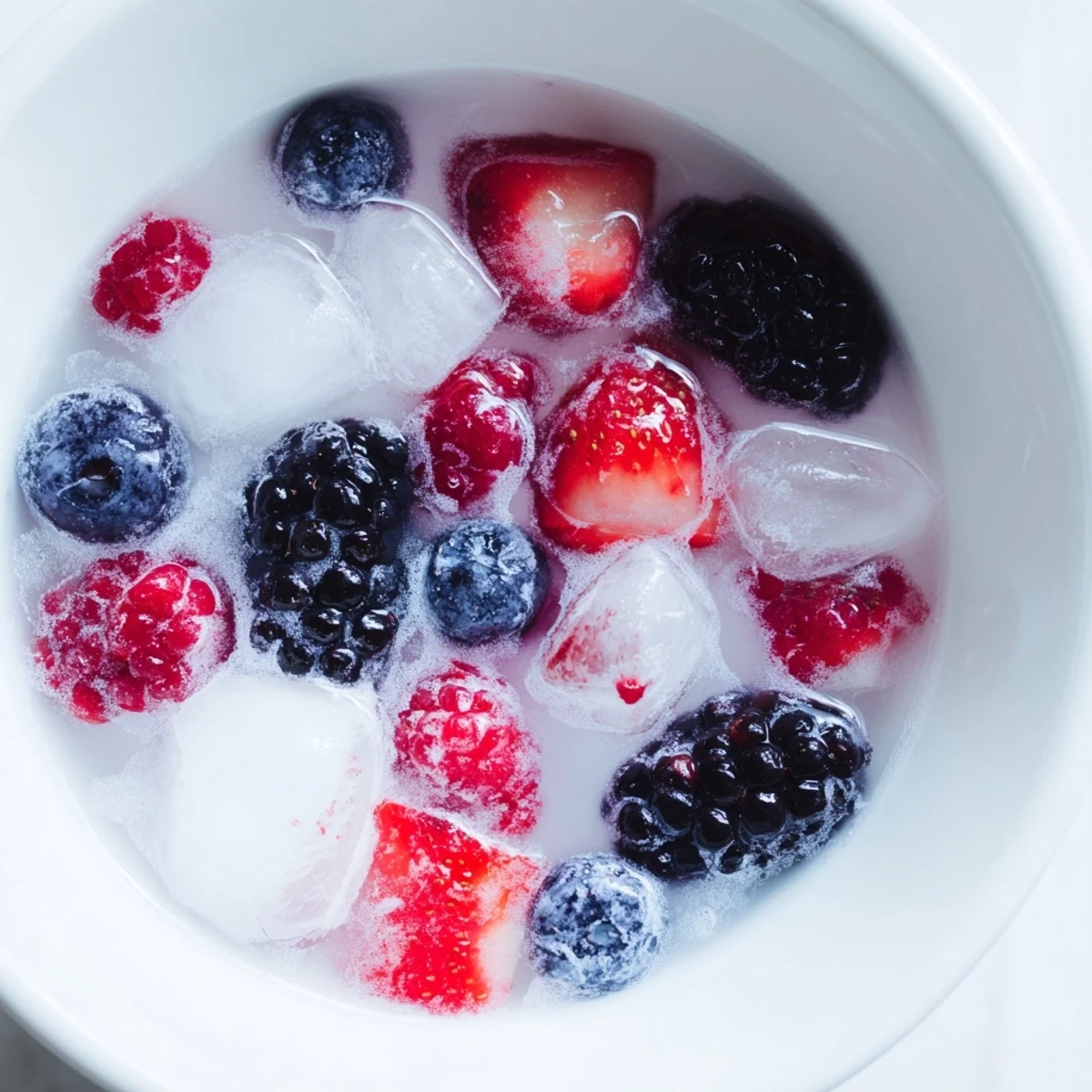 Nature's Cereal Bowl with fresh berries over ice and coconut water, topped with optional chia seeds, creating a colorful, antioxidant-rich vegan breakfast.