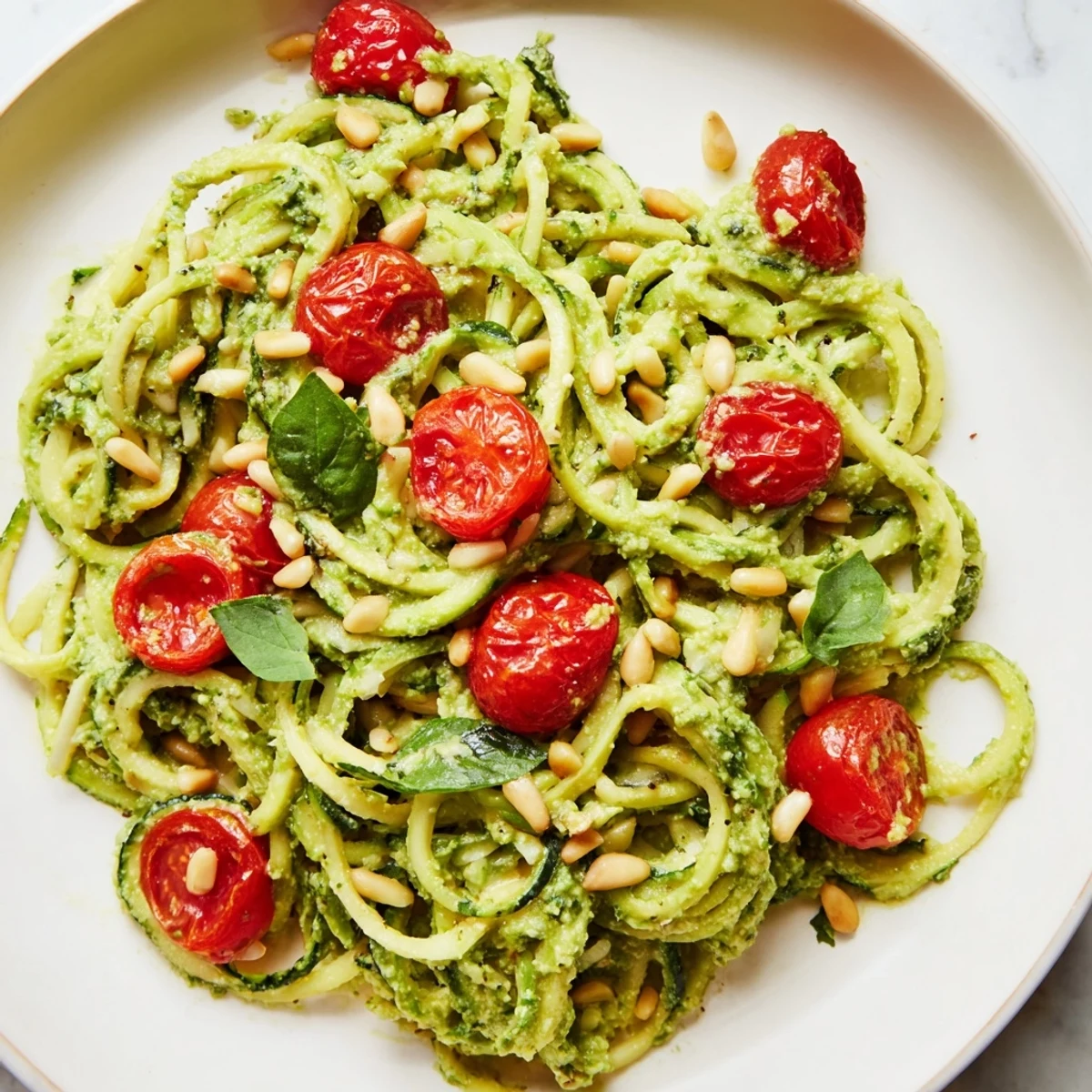 Creamy avocado pesto coats spiralized zucchini noodles, topped with halved cherry tomatoes and fresh basil leaves.