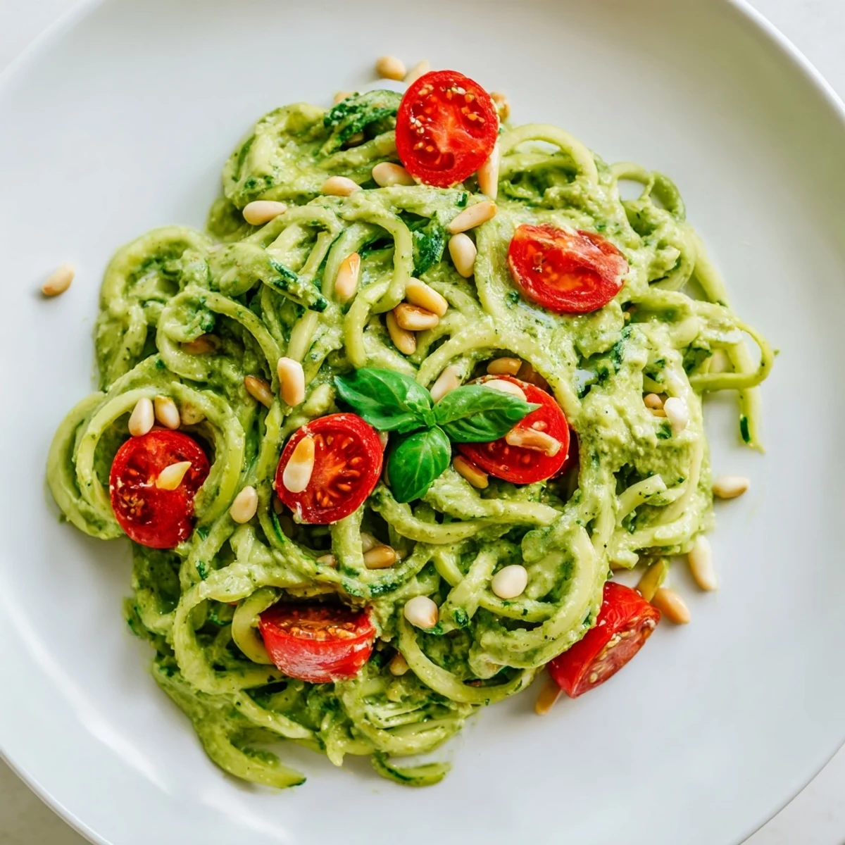 A vibrant bowl of Avocado Pesto Zoodles with juicy tomatoes, perfect for a light, low-carb lunch.
