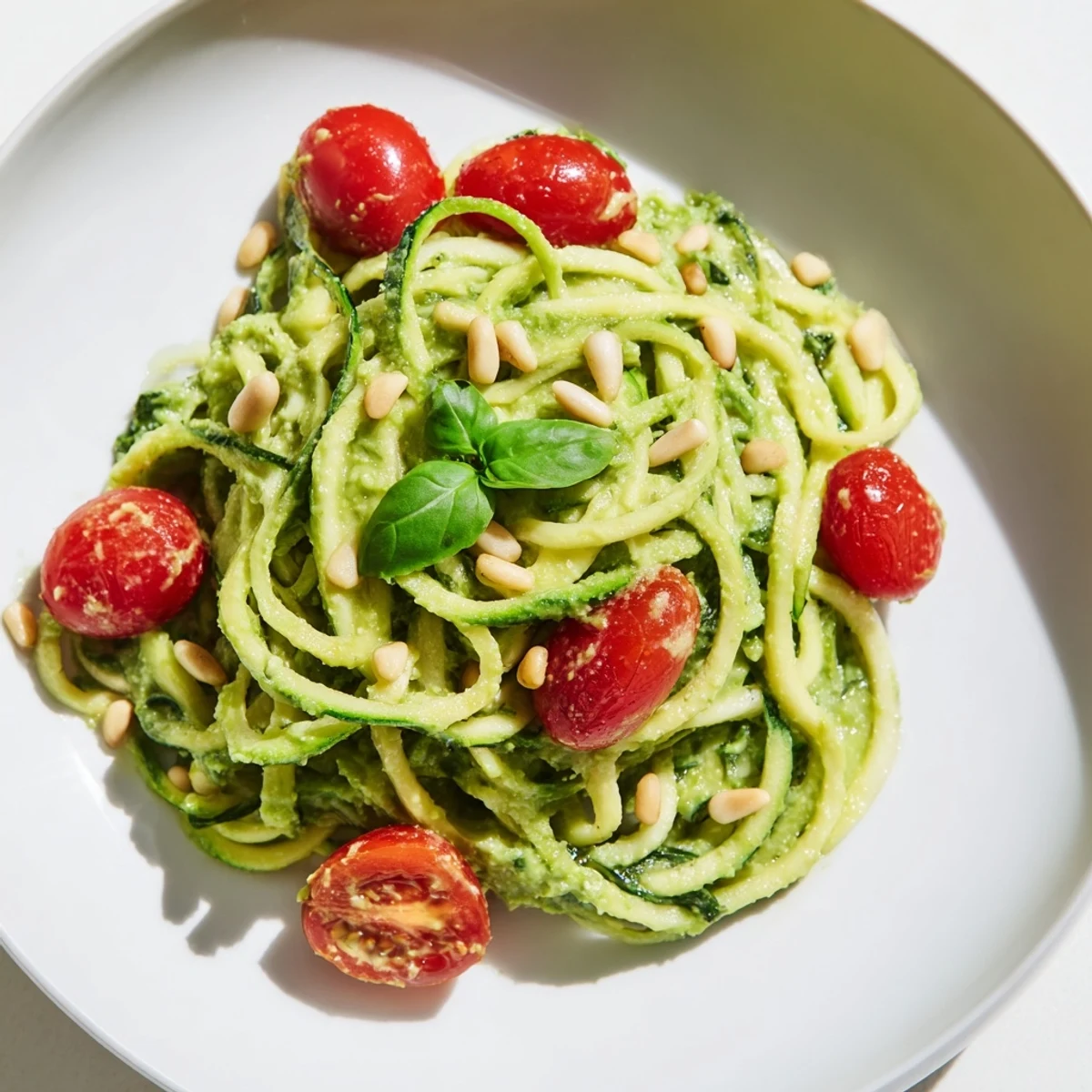 Sautéed zucchini noodles tossed in a creamy avocado pesto, garnished with fresh basil for an Italian-inspired meal.