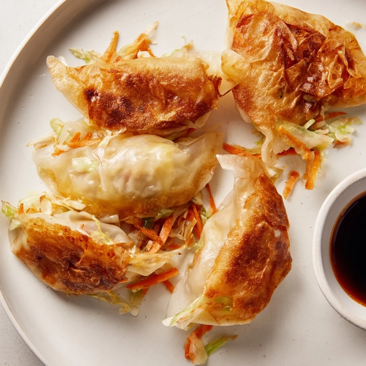 A close-up of Crispy Rice Paper Dumplings reveals the crunchy golden exterior and savory vegetable filling inside.  