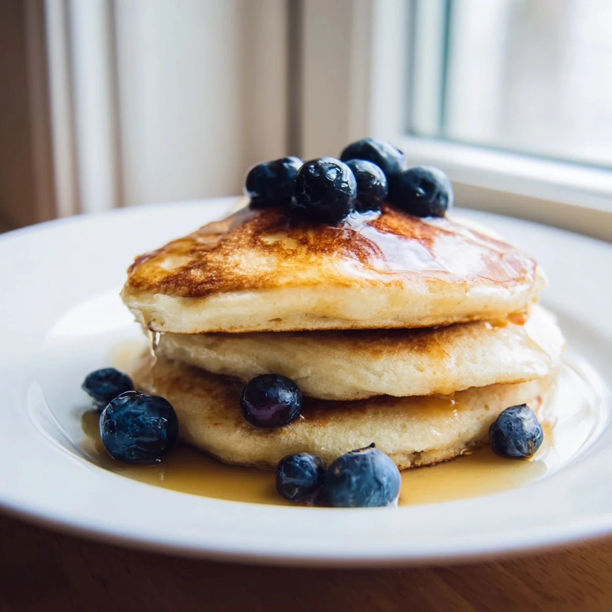 Fluffy Cottage Cheese Pancakes stacked high with fresh berries and a drizzle of maple syrup for a healthy breakfast.