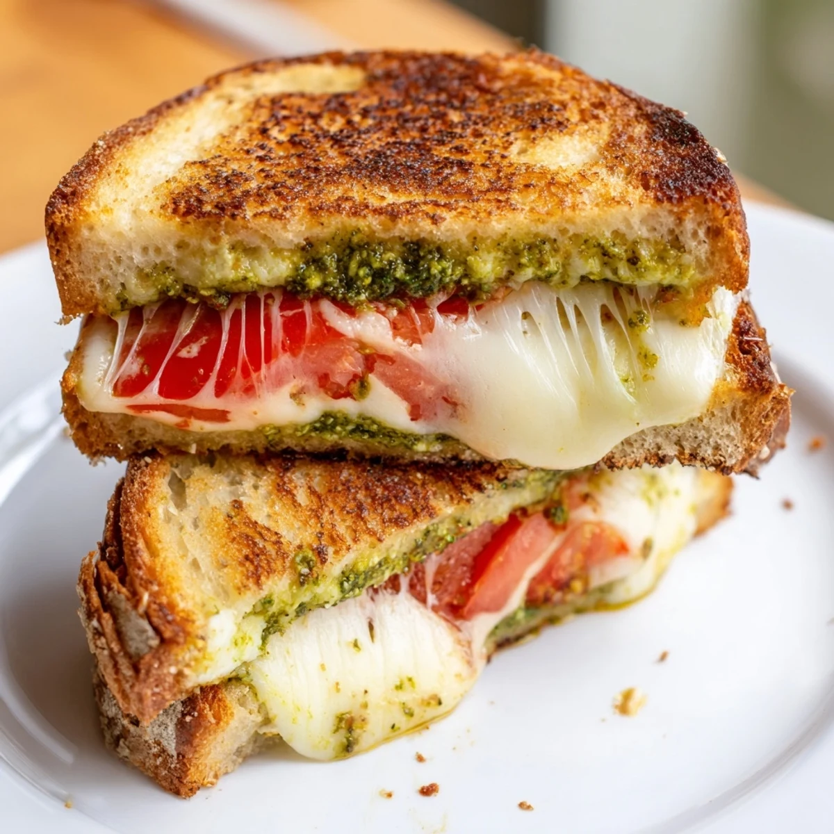 Perfectly toasted sourdough bread holds melted cheese and fresh basil pesto in this gourmet Caprese Pesto Grilled Cheese, ready to enjoy.
