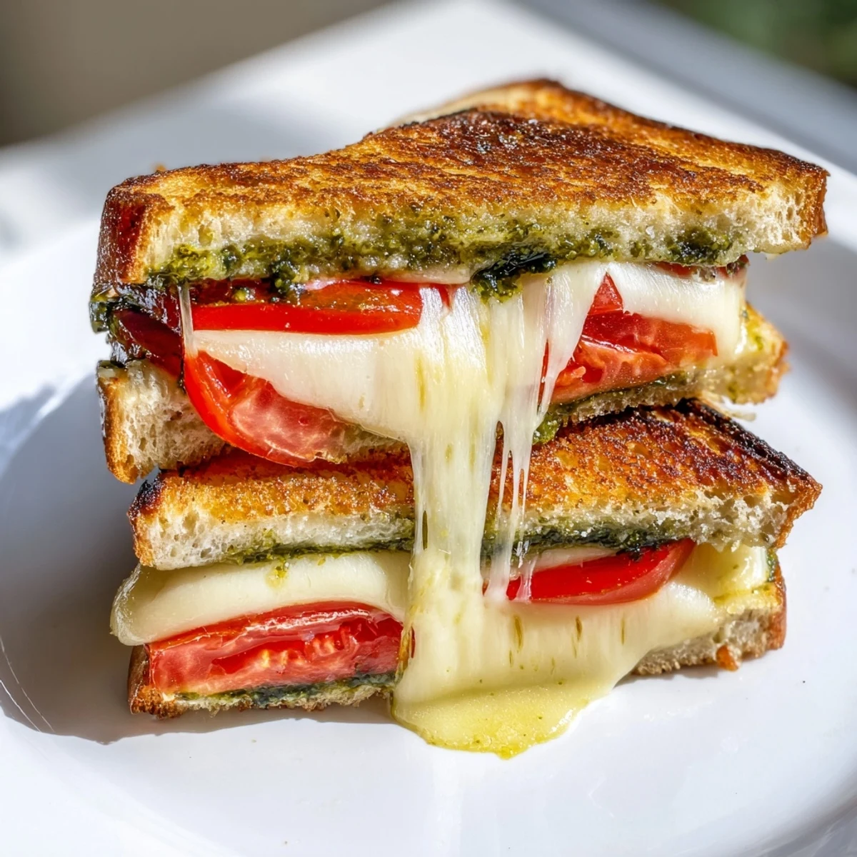 A close-up view of a warm, buttery Caprese Pesto Grilled Cheese sandwich, featuring layers of gooey mozzarella and vibrant tomato slices.  