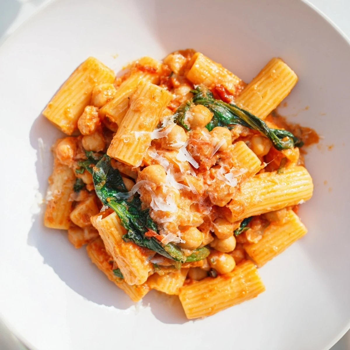 Creamy Tuscan Chickpea Pasta with spinach and chickpeas in a rich, garlicky tomato cream sauce served in a rustic bowl.