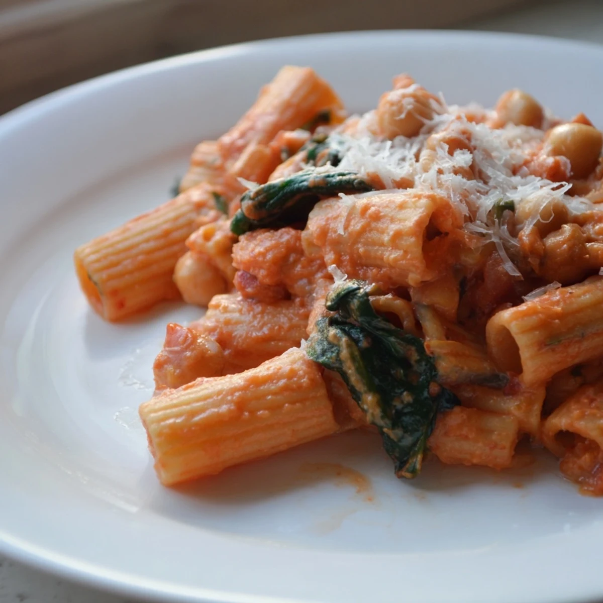 Close-up of Creamy Tuscan Chickpea Pasta, topped with fresh basil and grated Parmesan, perfect for a comforting weeknight vegetarian dinner.
