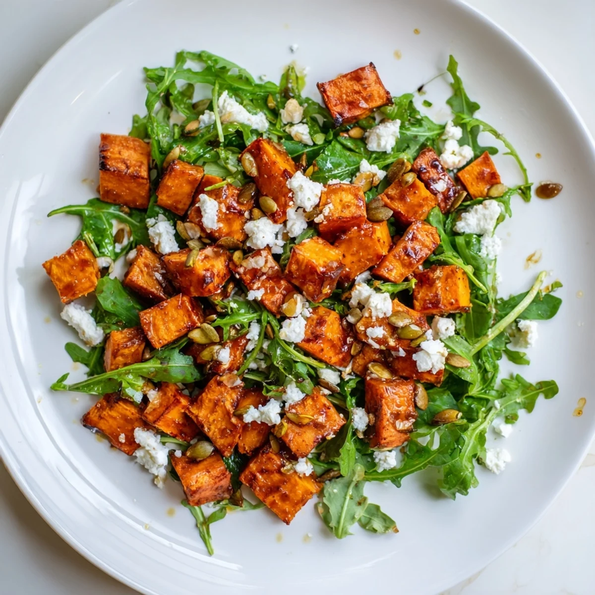 Roasted Sweet Potato Salad with caramelized sweet potato cubes, peppery arugula, and crumbled feta on a white plate.
