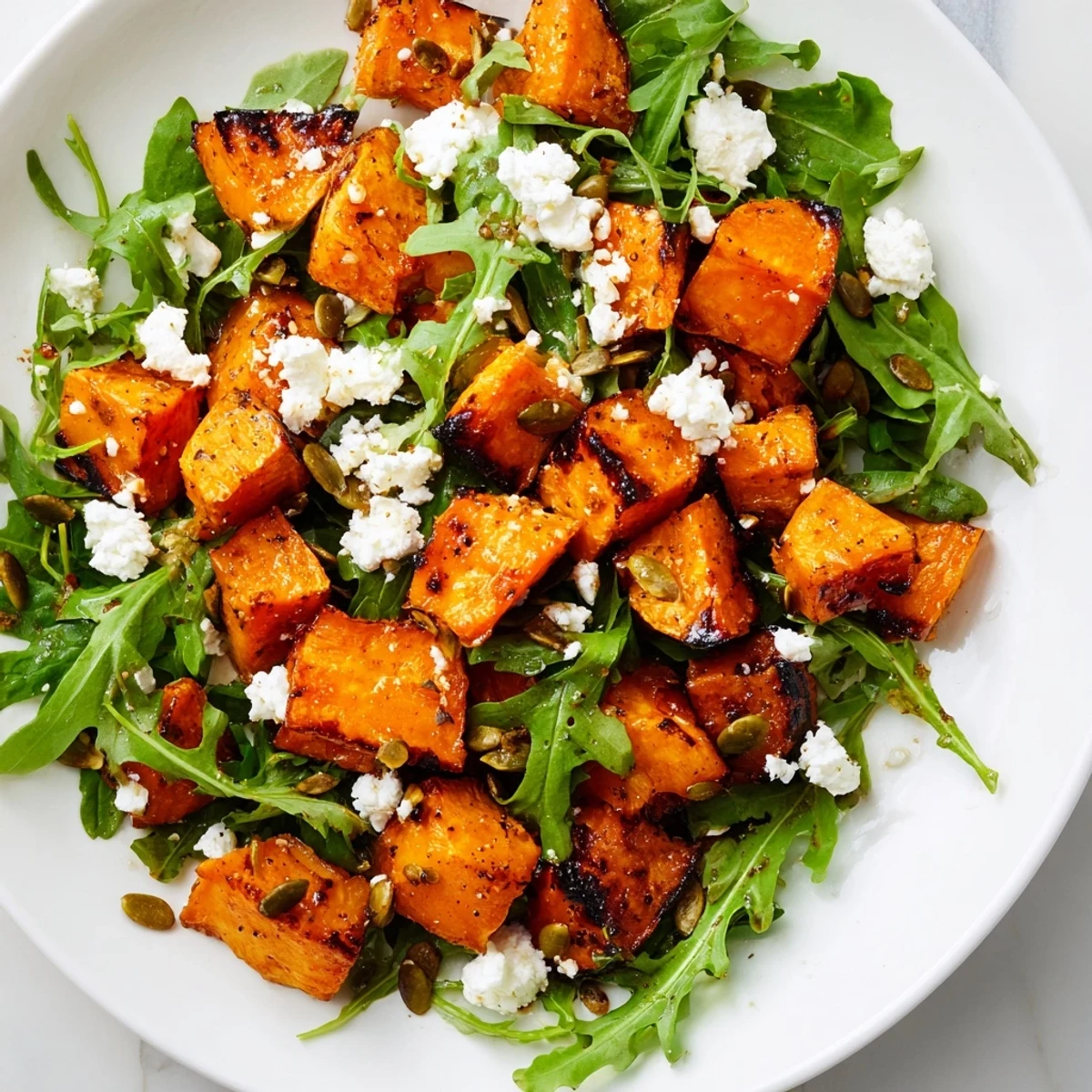 A vibrant Roasted Sweet Potato Salad topped with crumbled feta, sliced red onion, and toasted pumpkin seeds for crunch.