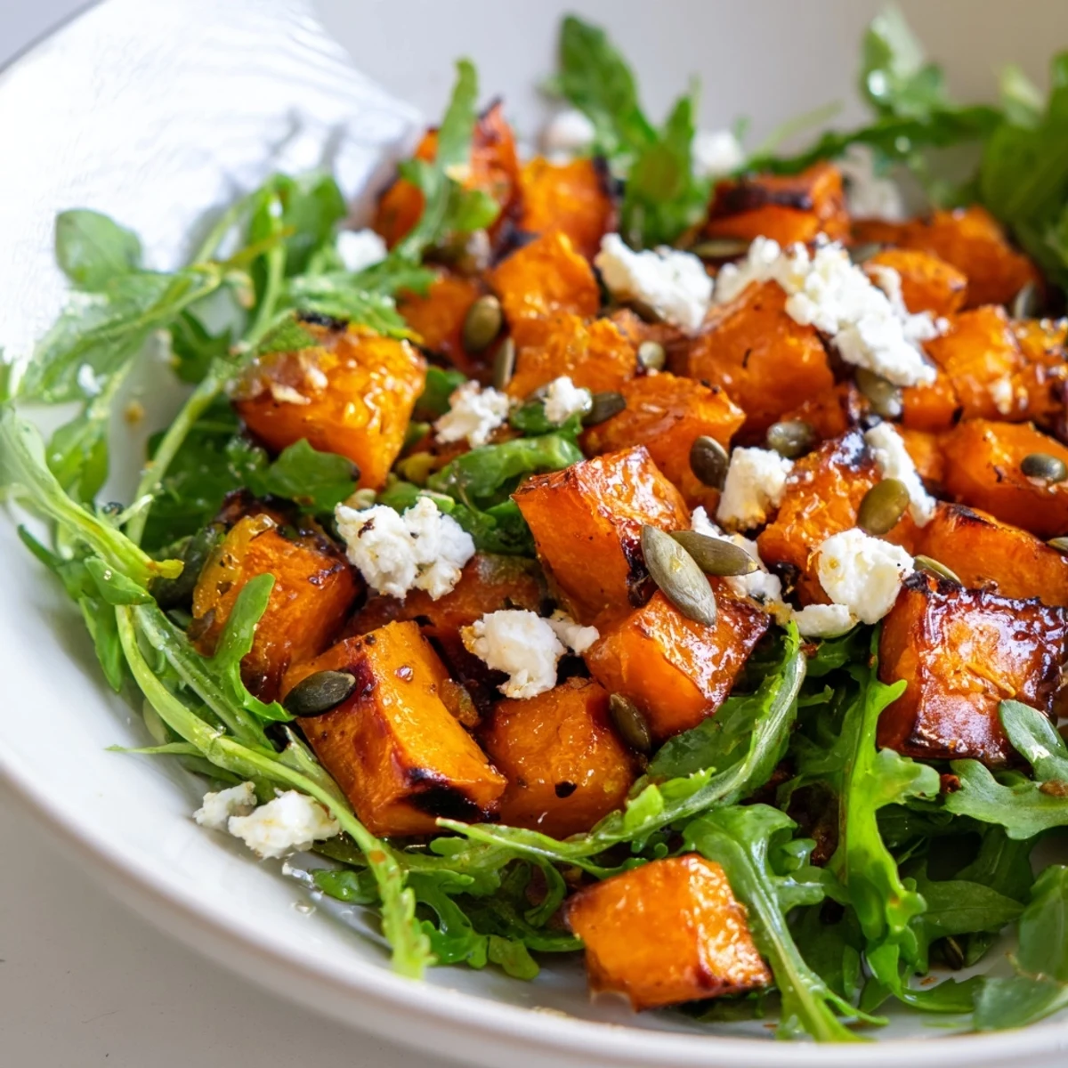 Tangy honey-lime dressing drizzled over a Roasted Sweet Potato Salad with arugula, feta, and golden roasted sweet potatoes.