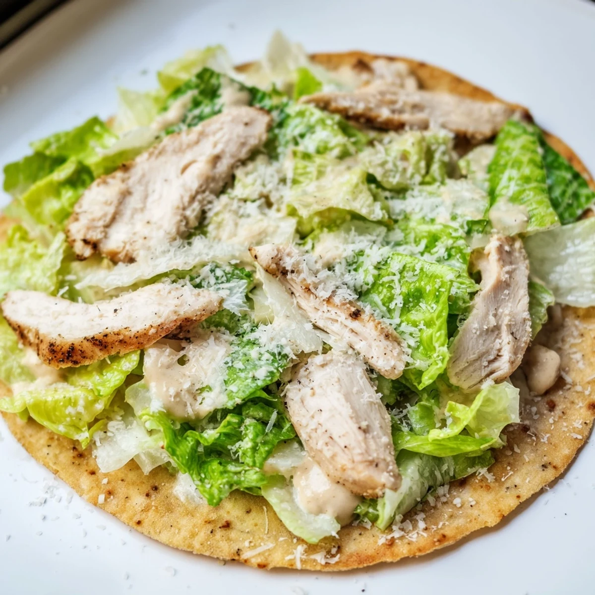 Golden-brown Chicken Caesar Flatbread topped with grilled chicken slices, crisp romaine, creamy Caesar dressing, and shaved parmesan on a wooden board.