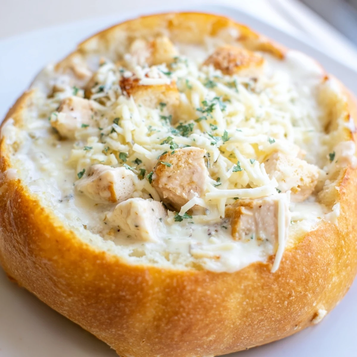 A close-up of a golden-baked bread bowl brimming with creamy chicken Alfredo, melted Parmesan, and fresh parsley garnish.  