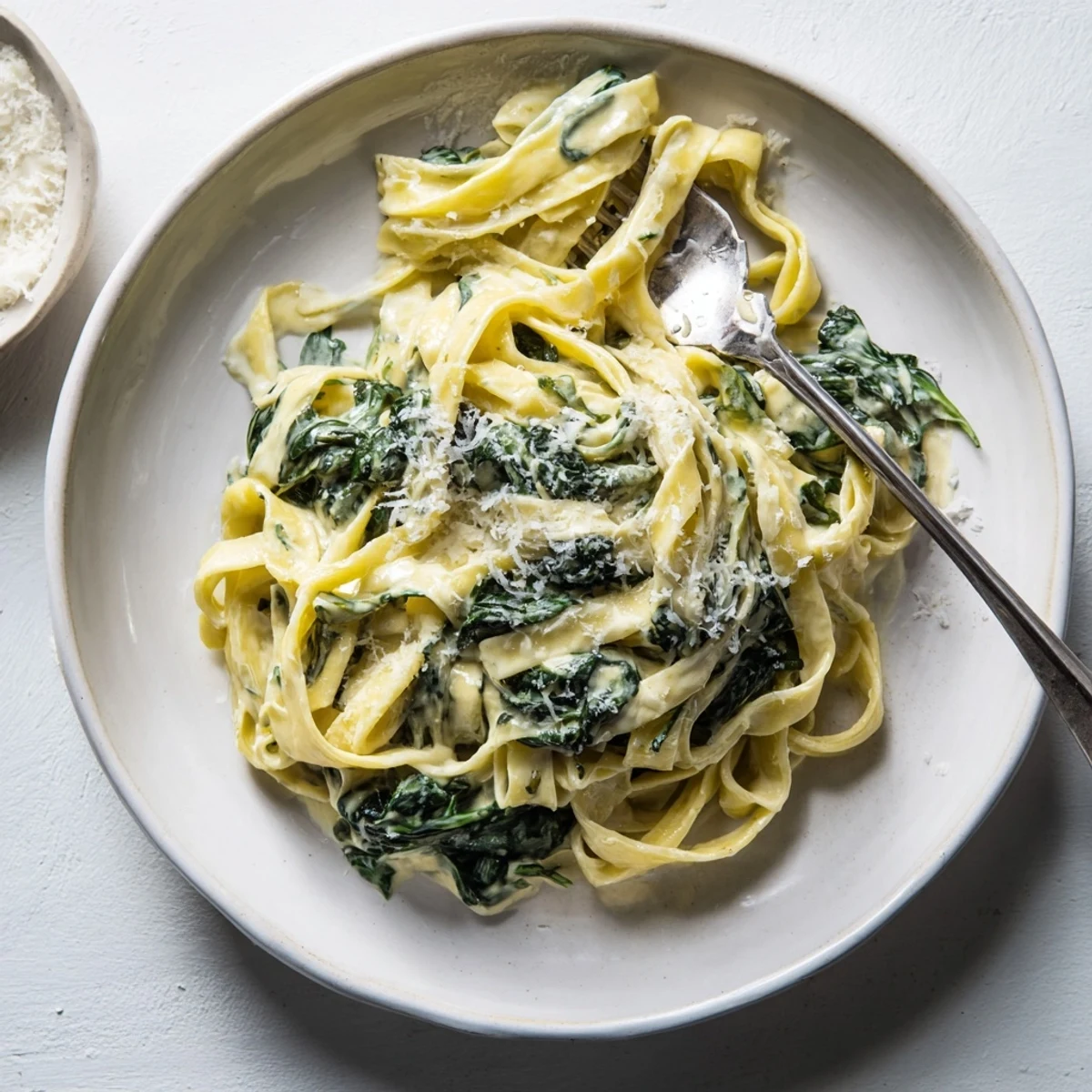 A close-up of creamy garlic spinach pasta twirled on a fork, steam rising from the rich, cheesy sauce.