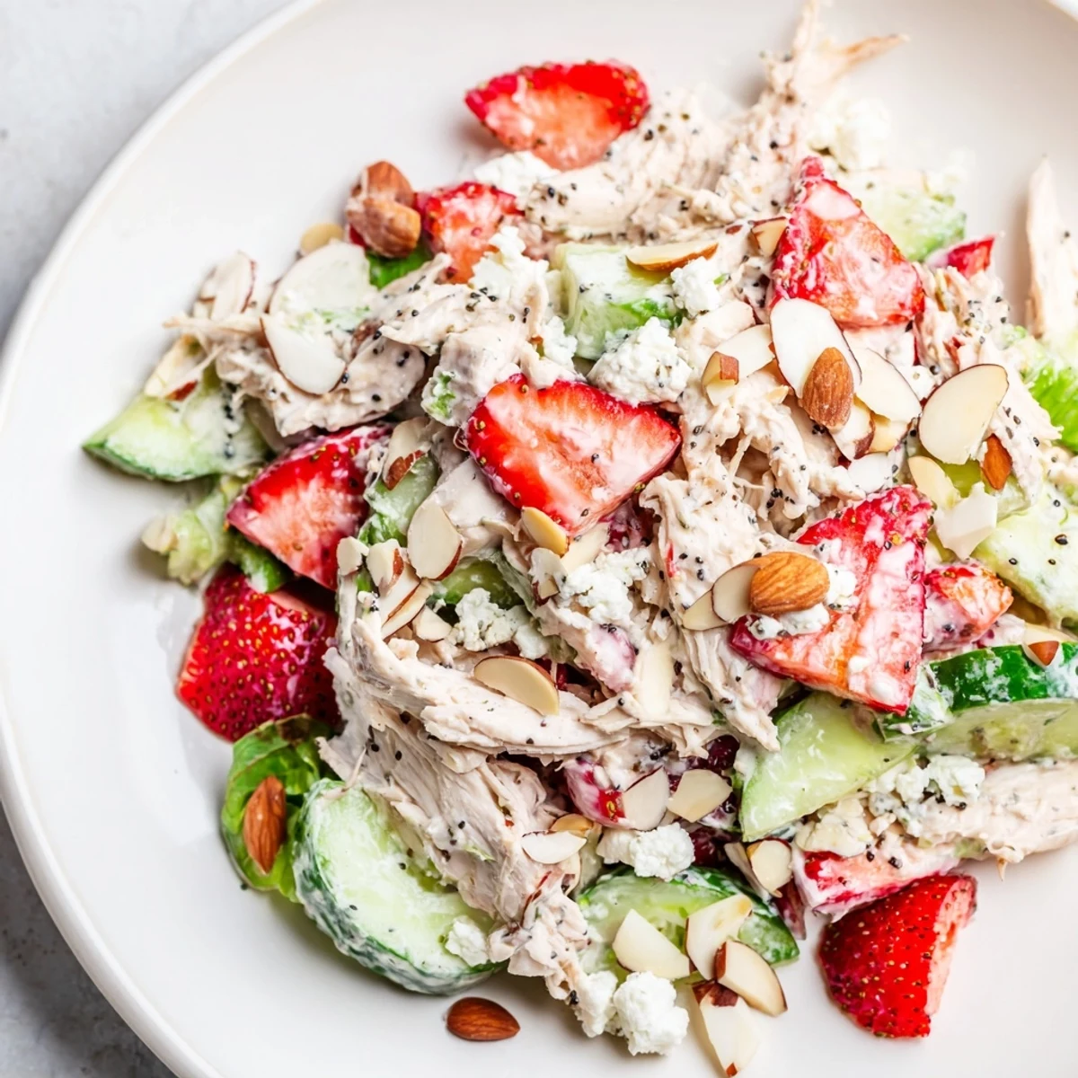 A vibrant Strawberry Poppy Seed Chicken Salad with tender shredded chicken, sliced strawberries, and crisp cucumbers topped with toasted almonds.  