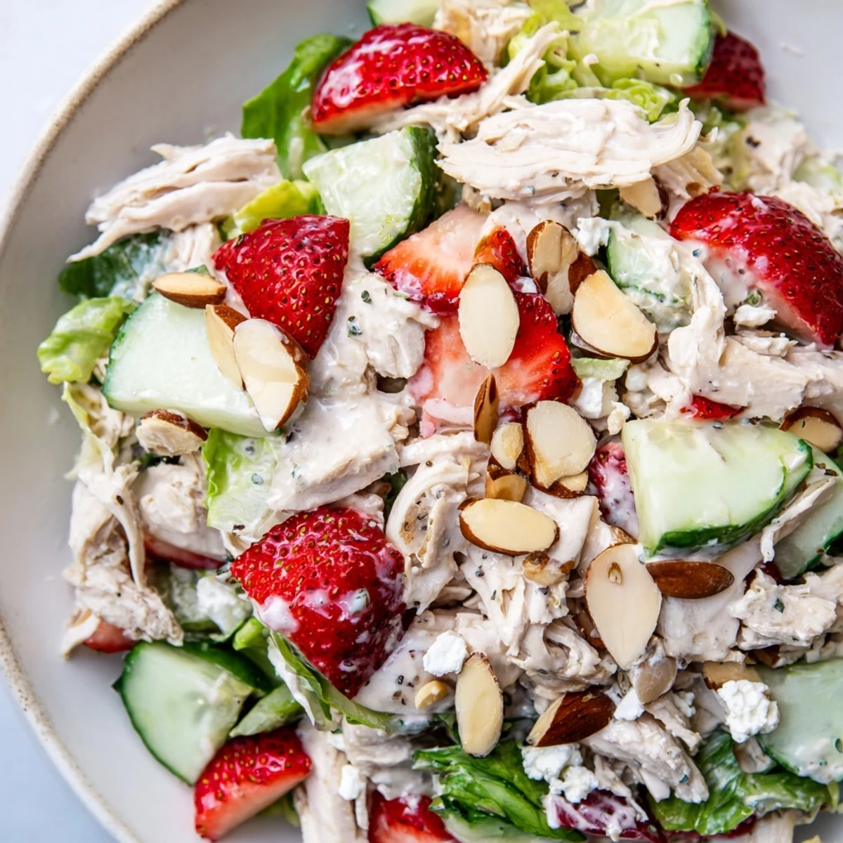 Freshly tossed Strawberry Poppy Seed Chicken Salad features mixed greens, feta crumbles, and a creamy poppy seed dressing served on a plate.  