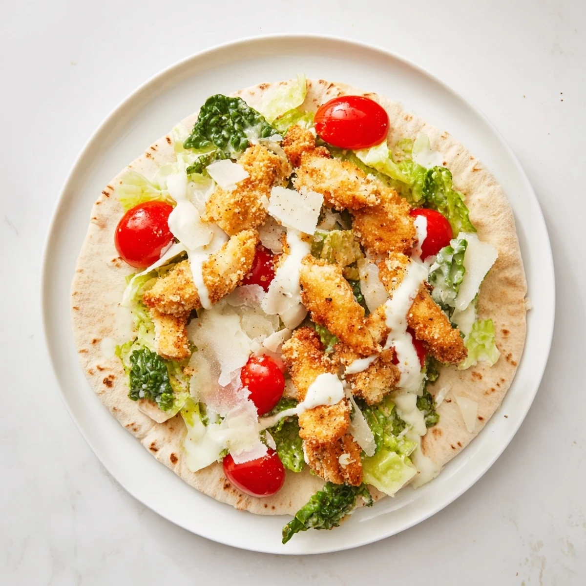 Golden-brown, air-fried chicken strips tucked inside a soft, warm pita, drizzled with creamy Caesar dressing for a handheld meal.
