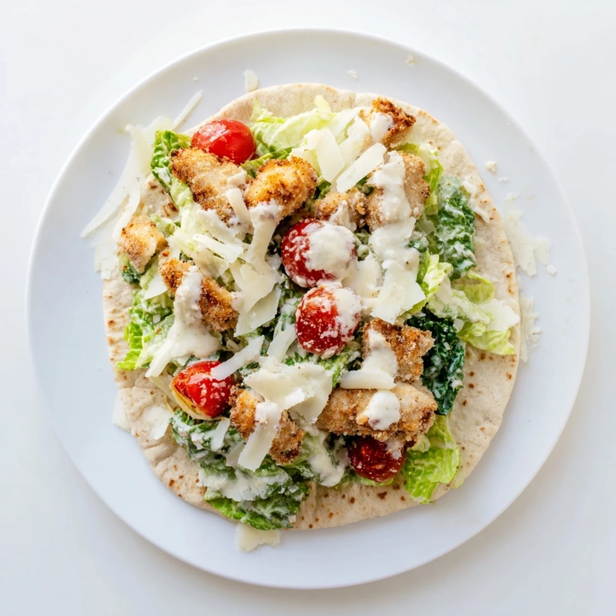Freshly chopped romaine and shaved Parmesan spill from a stuffed pita, showcasing crispy chicken Caesar flavors in a satisfying bite.